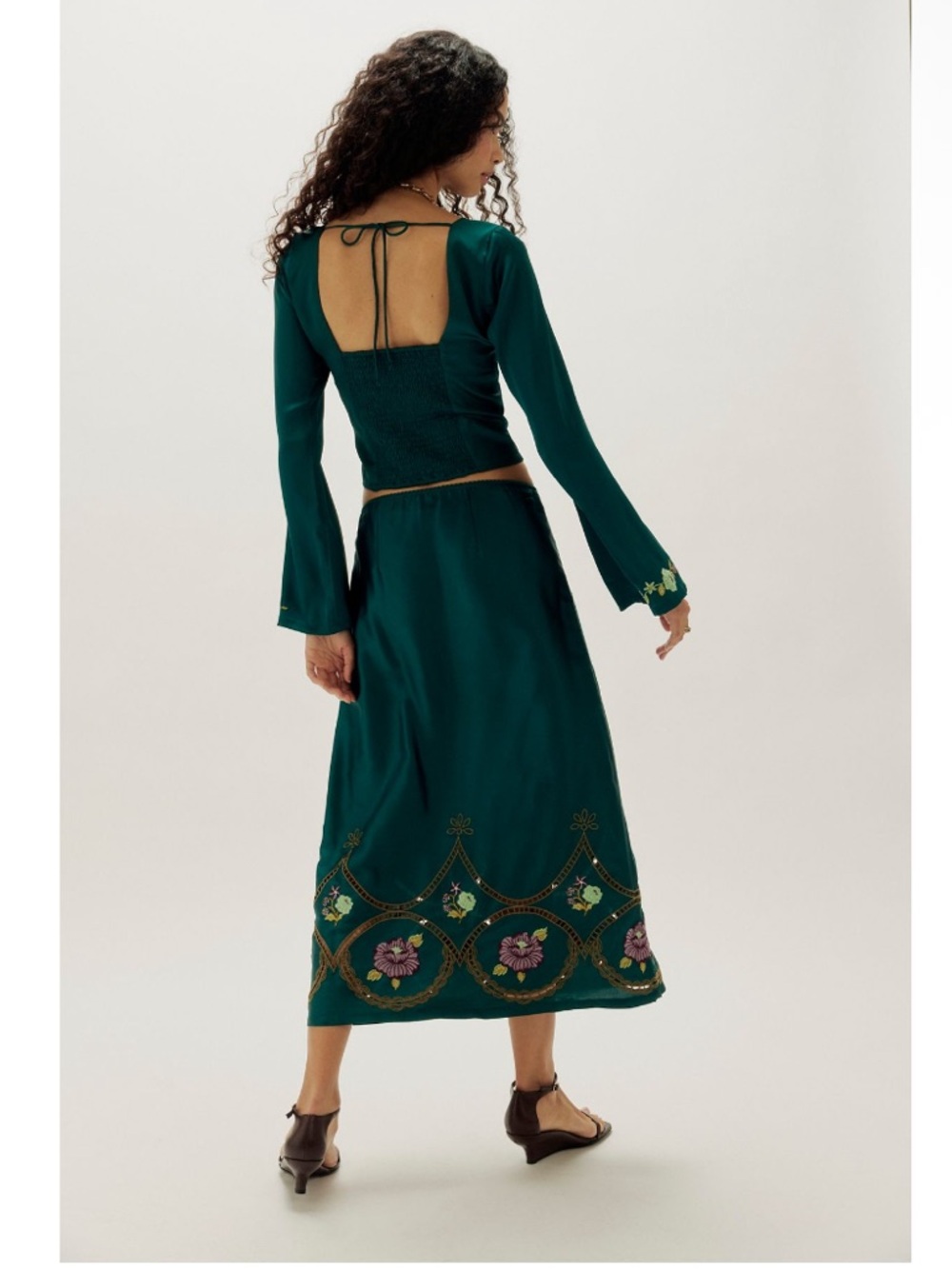 Free People Autumn Bloom Midi Skirt Set in Forest Green Floral Embroidery NEW - Picture 4 of 8